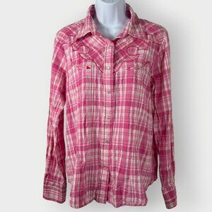 Vtg Womens Rodeo Shirt | L | Pink Pearl Snaps Smile Yoke | Festival Country Glam
